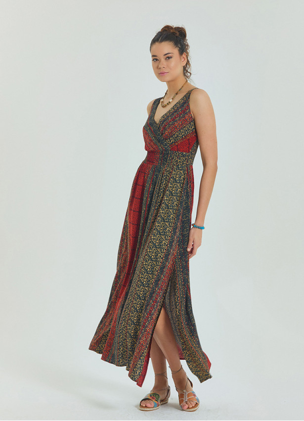 P V Neck Double Breasted Long Tile Dress 4559